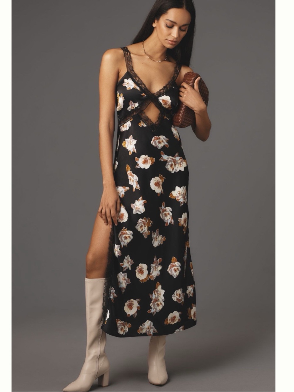 Anthropologie Black Floral Lace-Trim Maxi Dress
